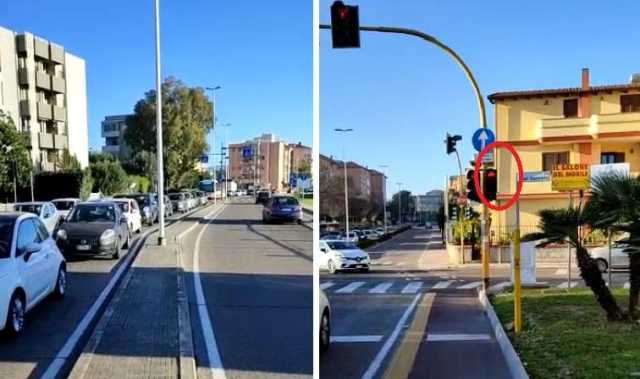 Auto in coda in attesa del semaforo per le bici in via Vesalio