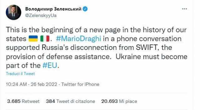 Il tweet di Zelensky