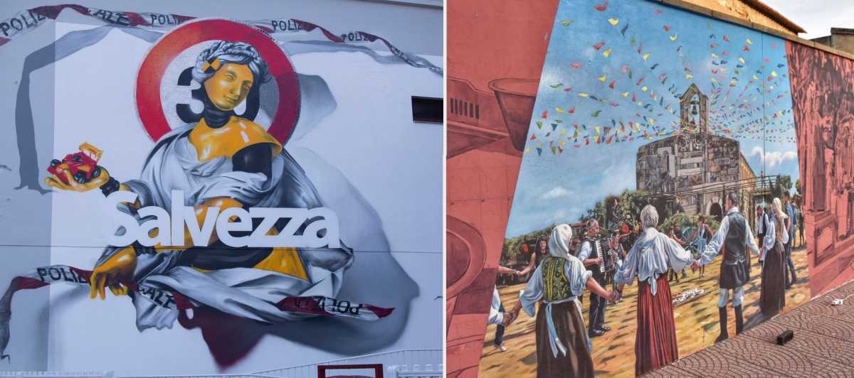 A sinistra il murale di Manu Invisible. A destra l'opera di Pils